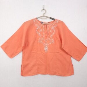 Edward Woman Irish Linen Tunic Plus 1X Coral Orange Embroidered Sequin Vocation